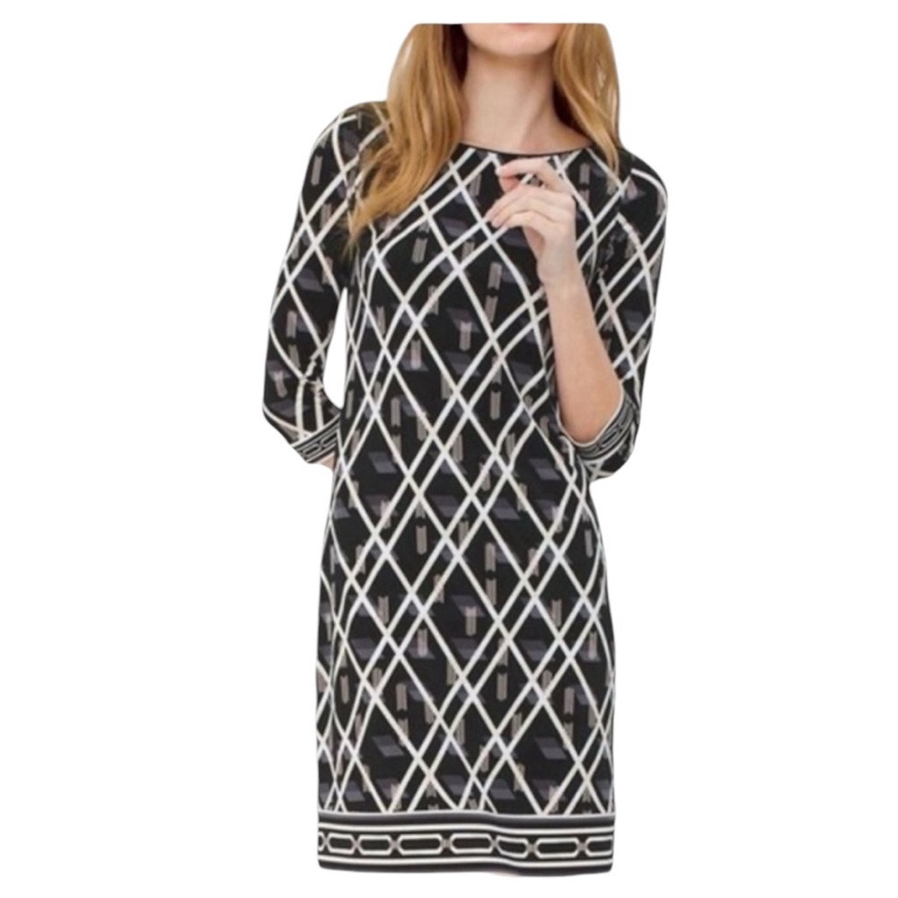 White House Black Market Geometric print lined dress. Sz. Large